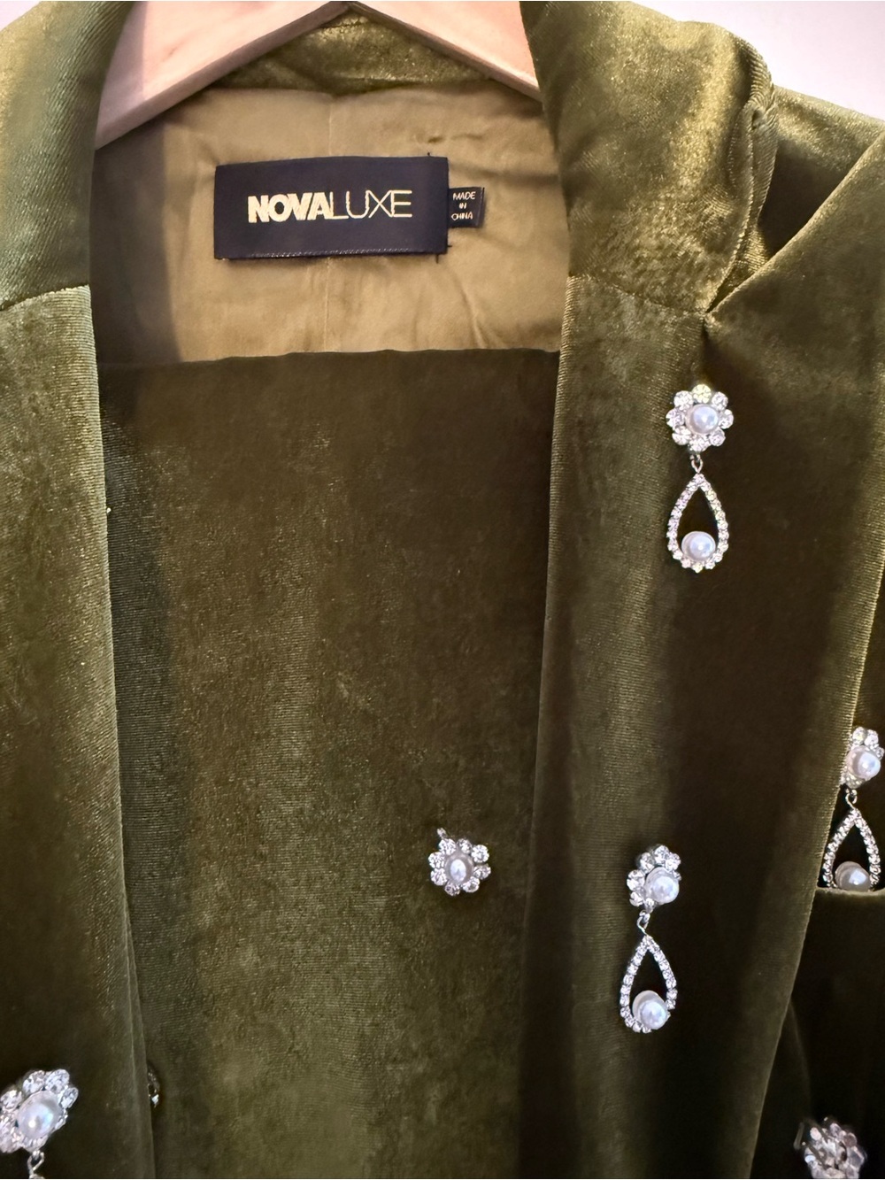 Fashion Nova Luxe Olive Green Velvet Embellished Women's Suit Pants Blazer Set - Picture 5 of 10